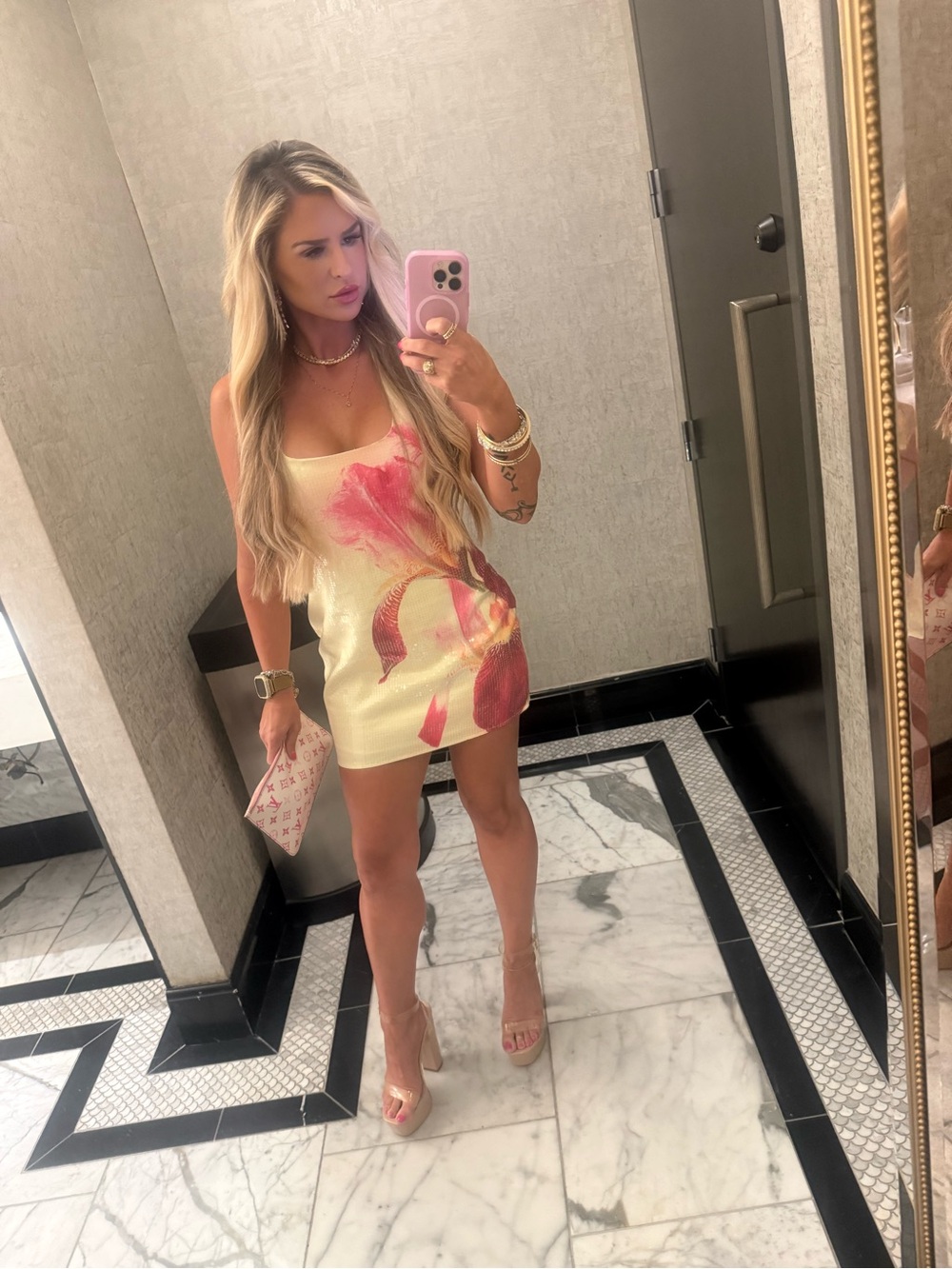 Sleeveless Floral Print Mini Dress in Yellow and Pink
